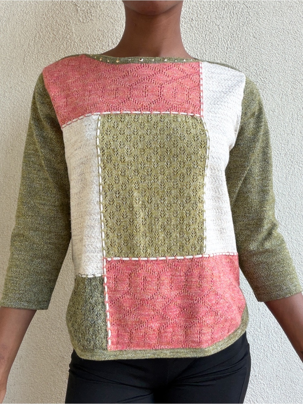 Alfred Dunner Pink, Olive & Cream Patchwork Knit Long Sleeve Top